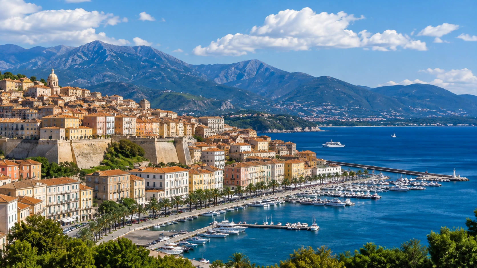 Panoramic view of Ajaccio, its marina and mountain-backed gulf