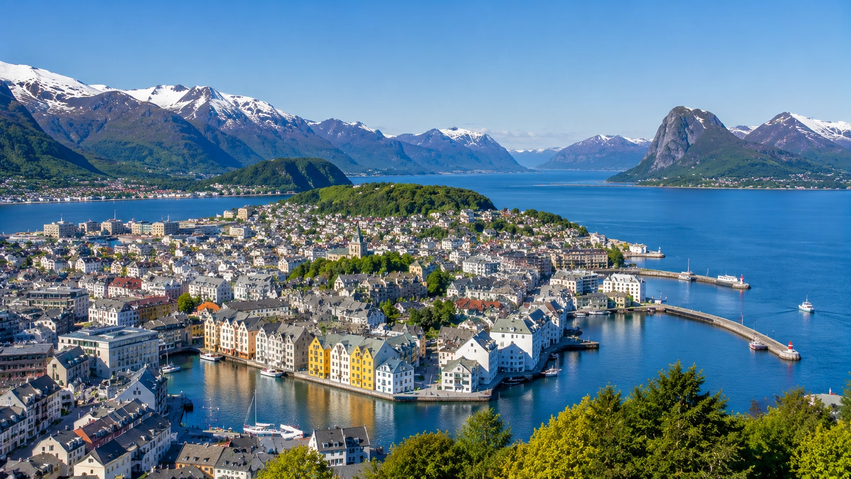 Panoramic view across Ålesund, islands and the Sunnmøre Alps