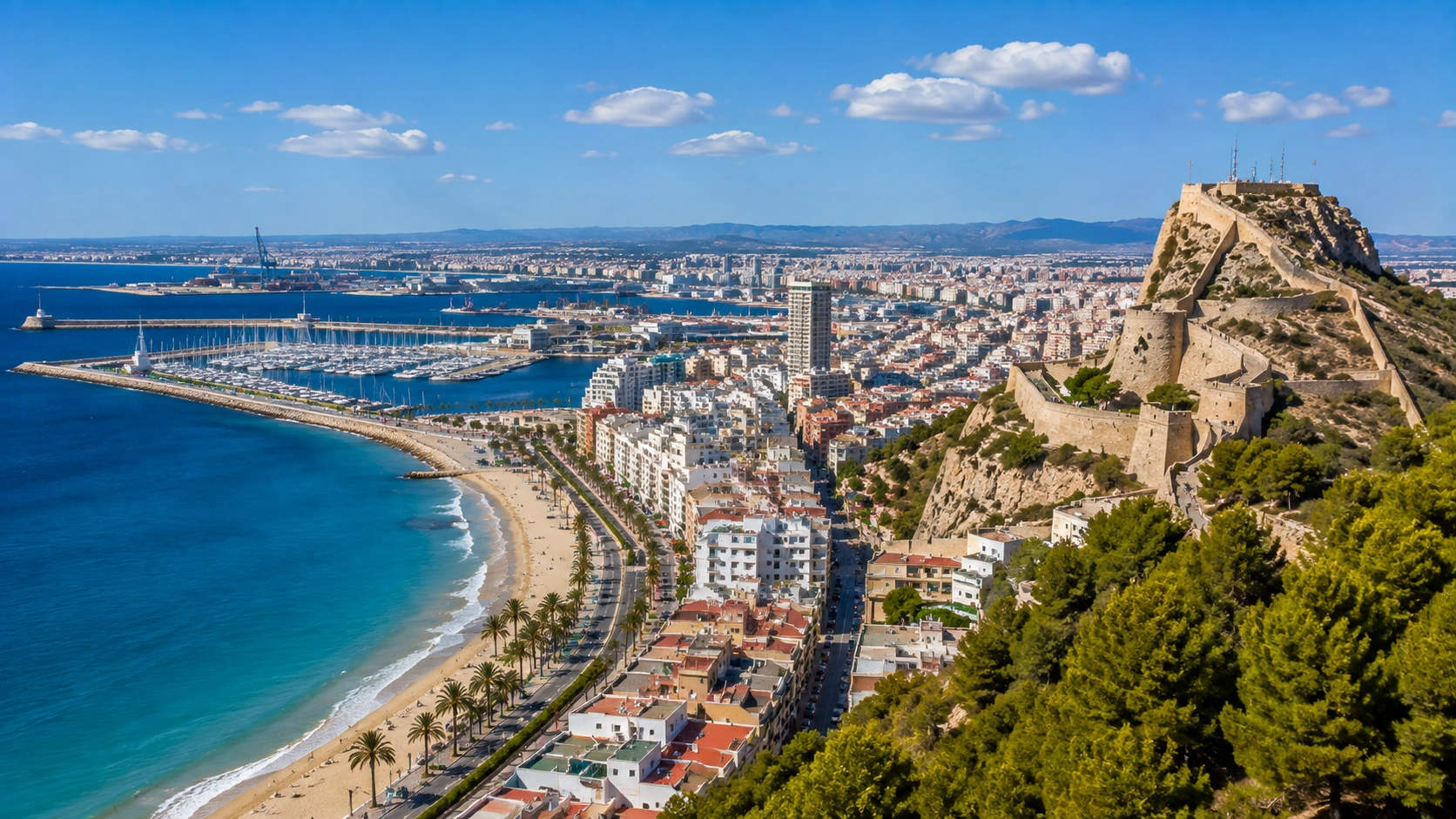 Aerial view of Alicante, Postiguet Beach and Santa Bárbara Castle