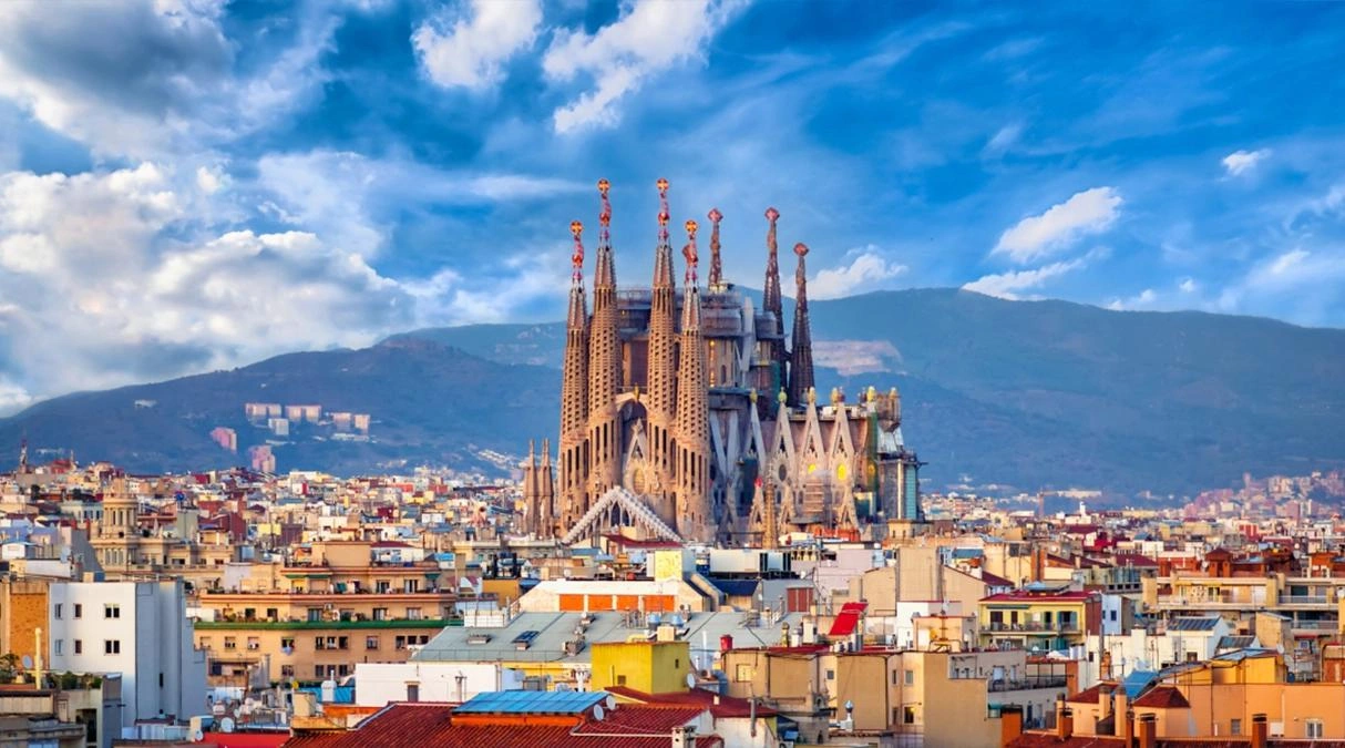 Barcelona cityscape with landmark architecture and Mediterranean coast