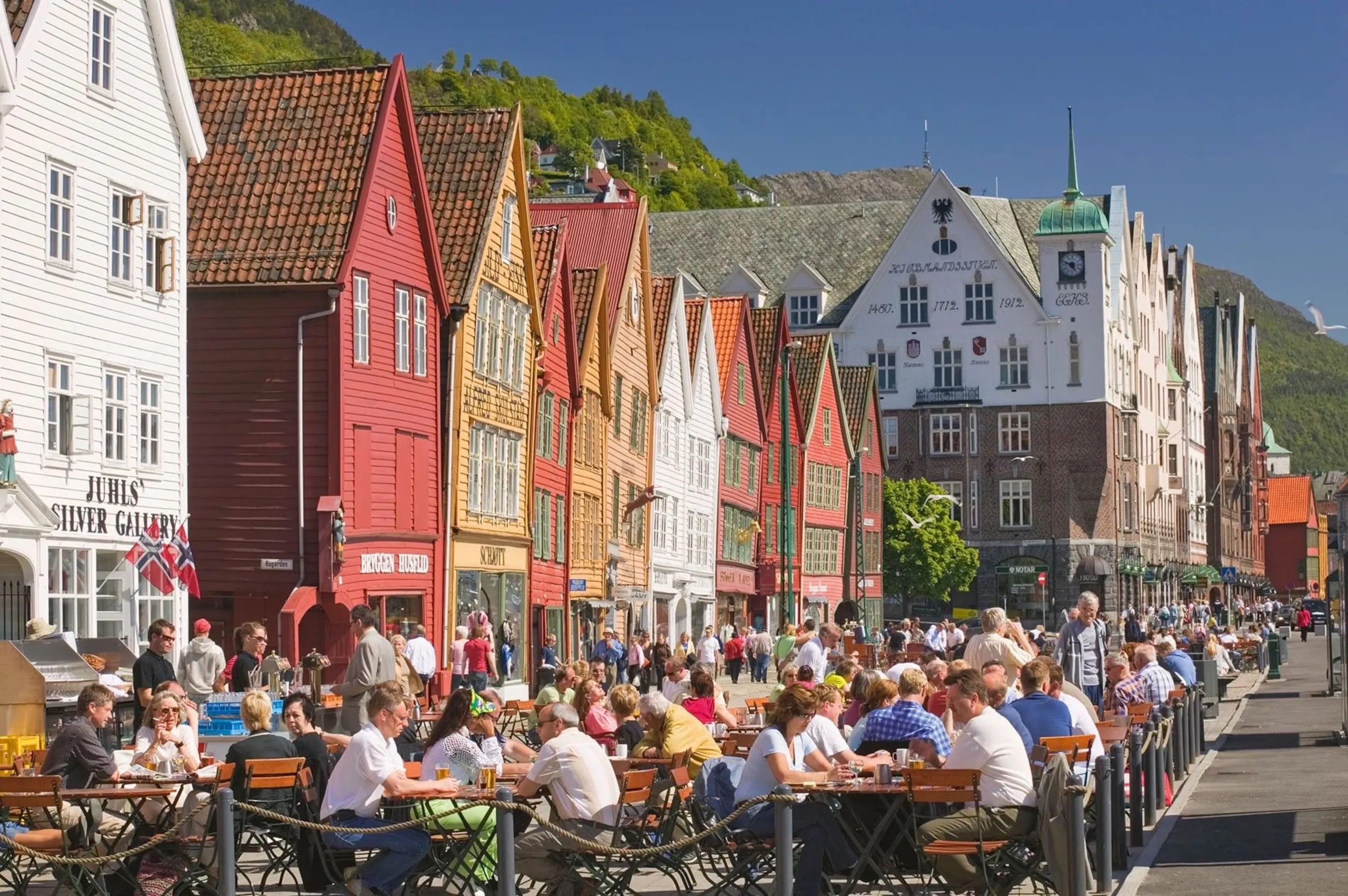 Bergen Bryggen waterfront and mountain scenery in Norway
