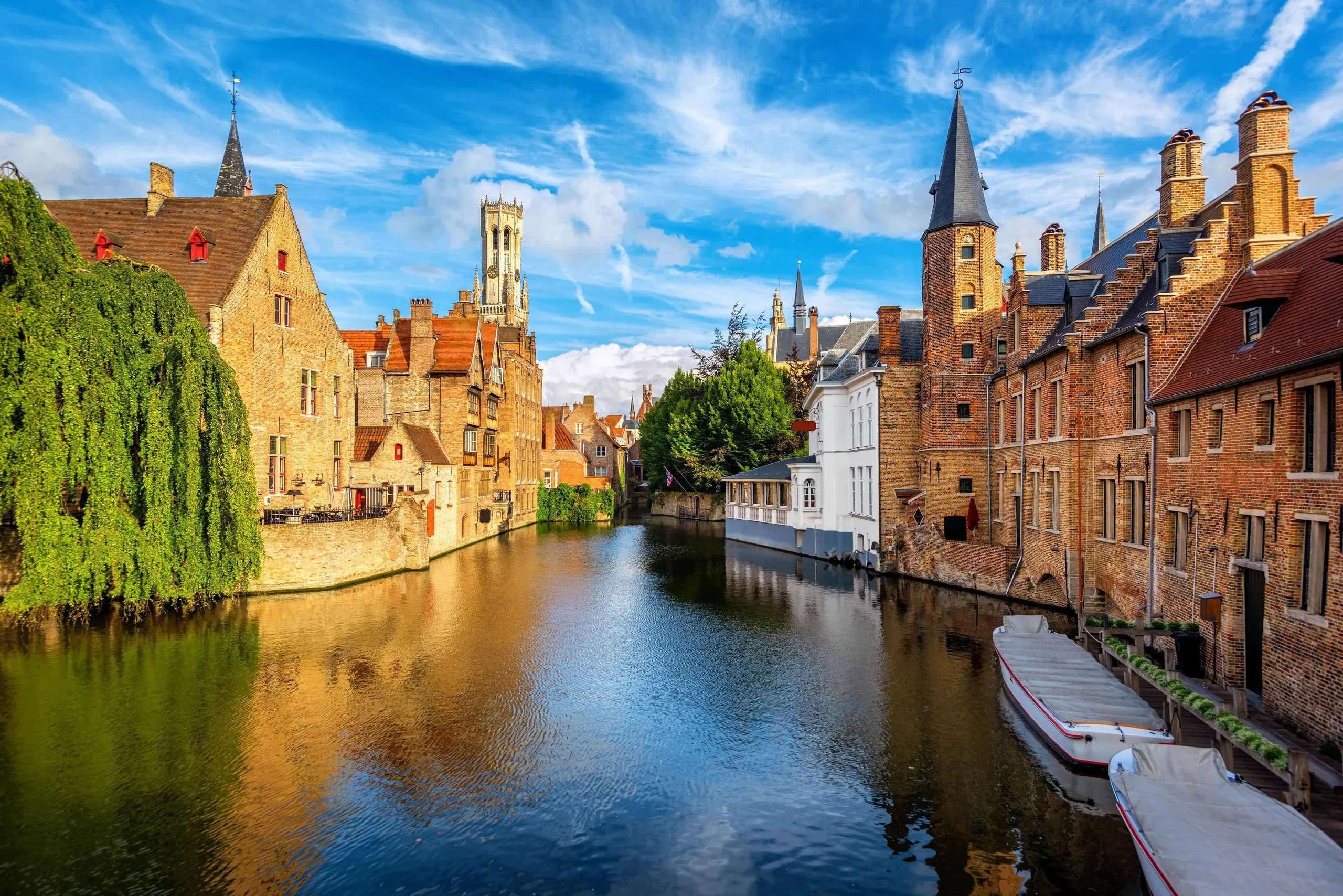 Bruges canal with medieval buildings and historic waterfront