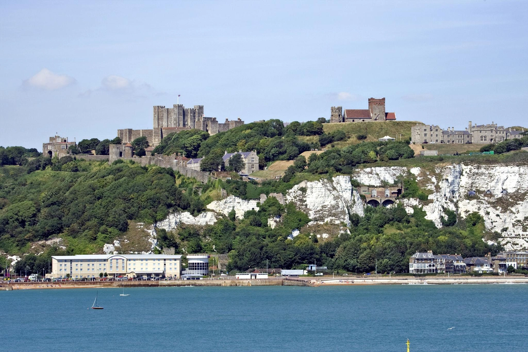 Dover Castle and the white chalk cliffs above the English Channel