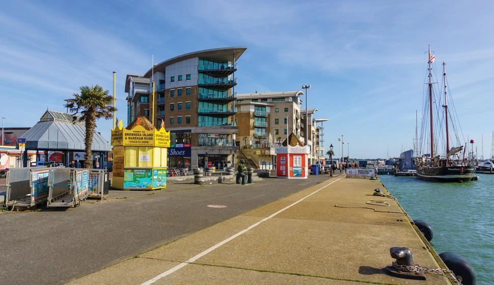 Poole Harbour, quay and visitor highlights in Dorset