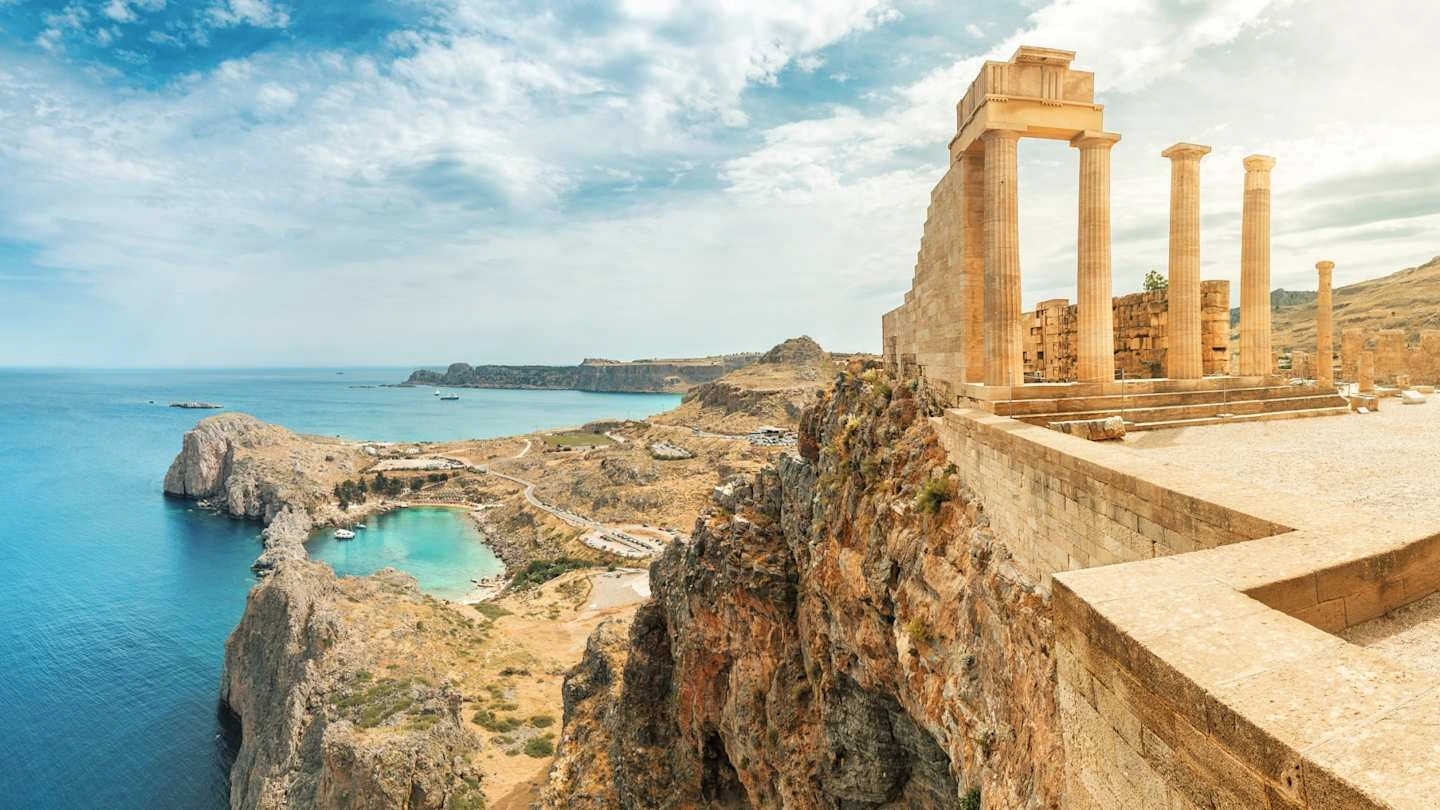 Rhodes Old Town, harbour and Aegean coast in Greece