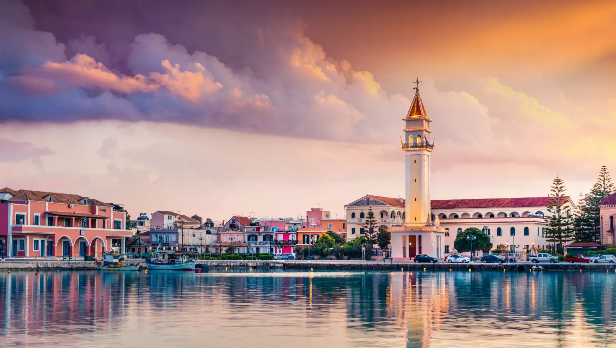 Zakynthos town, harbour and Ionian coastline in Greece