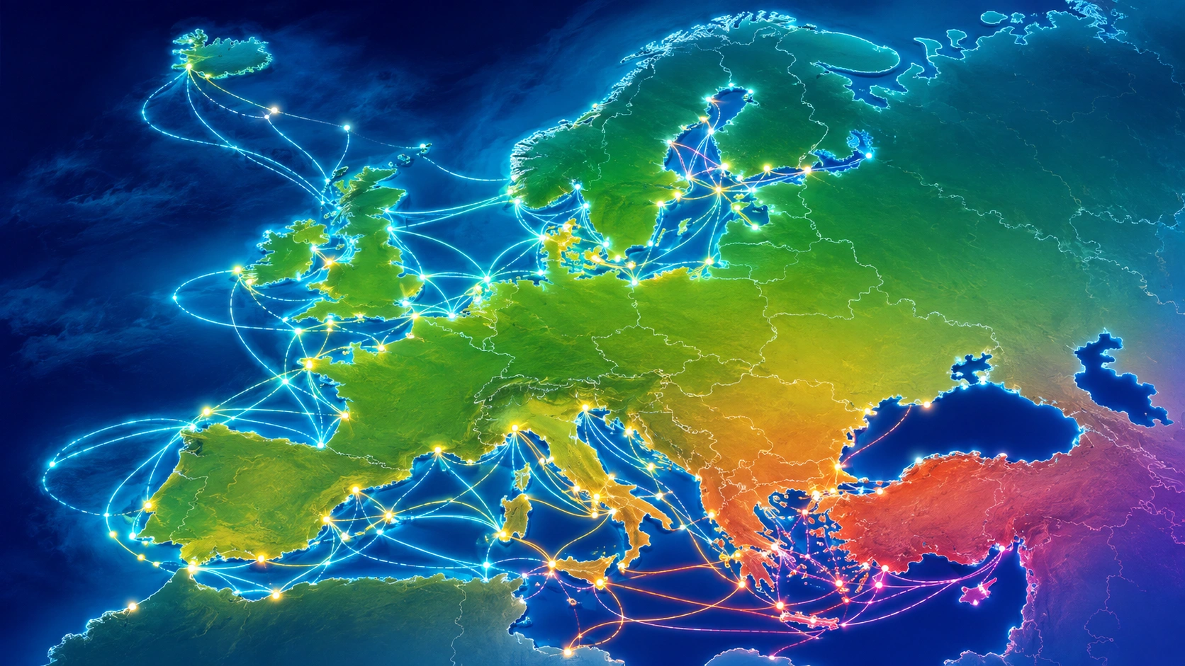 Colourful illustrated map showing ferry routes across the UK and Europe