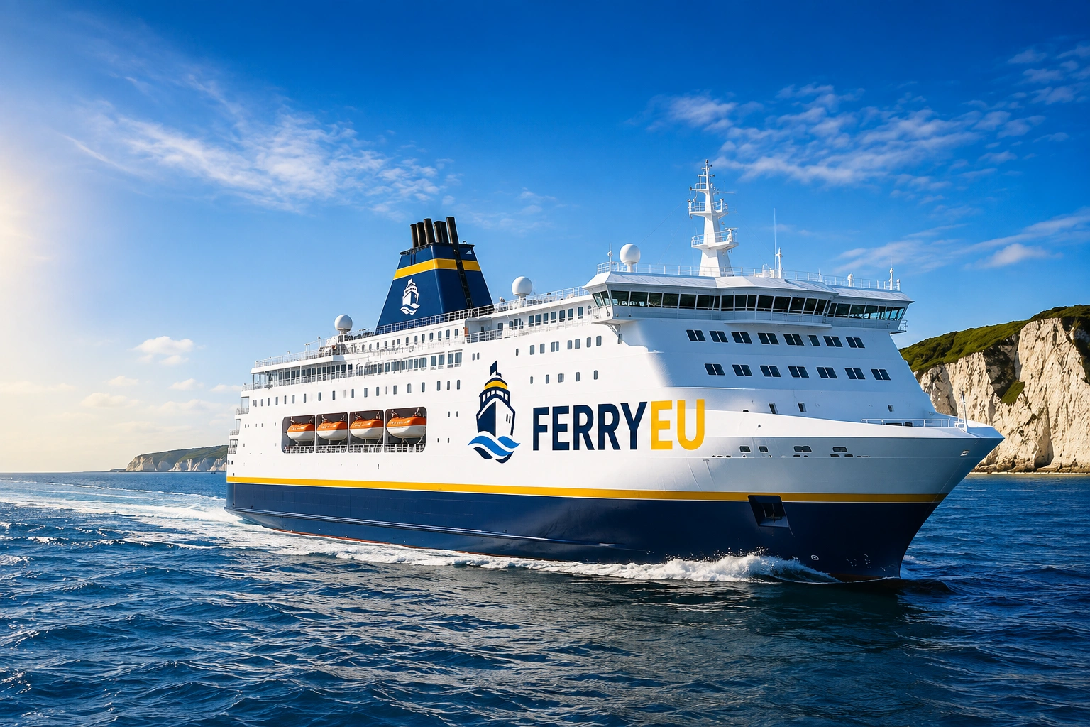 Large passenger ferry sailing across calm European waters