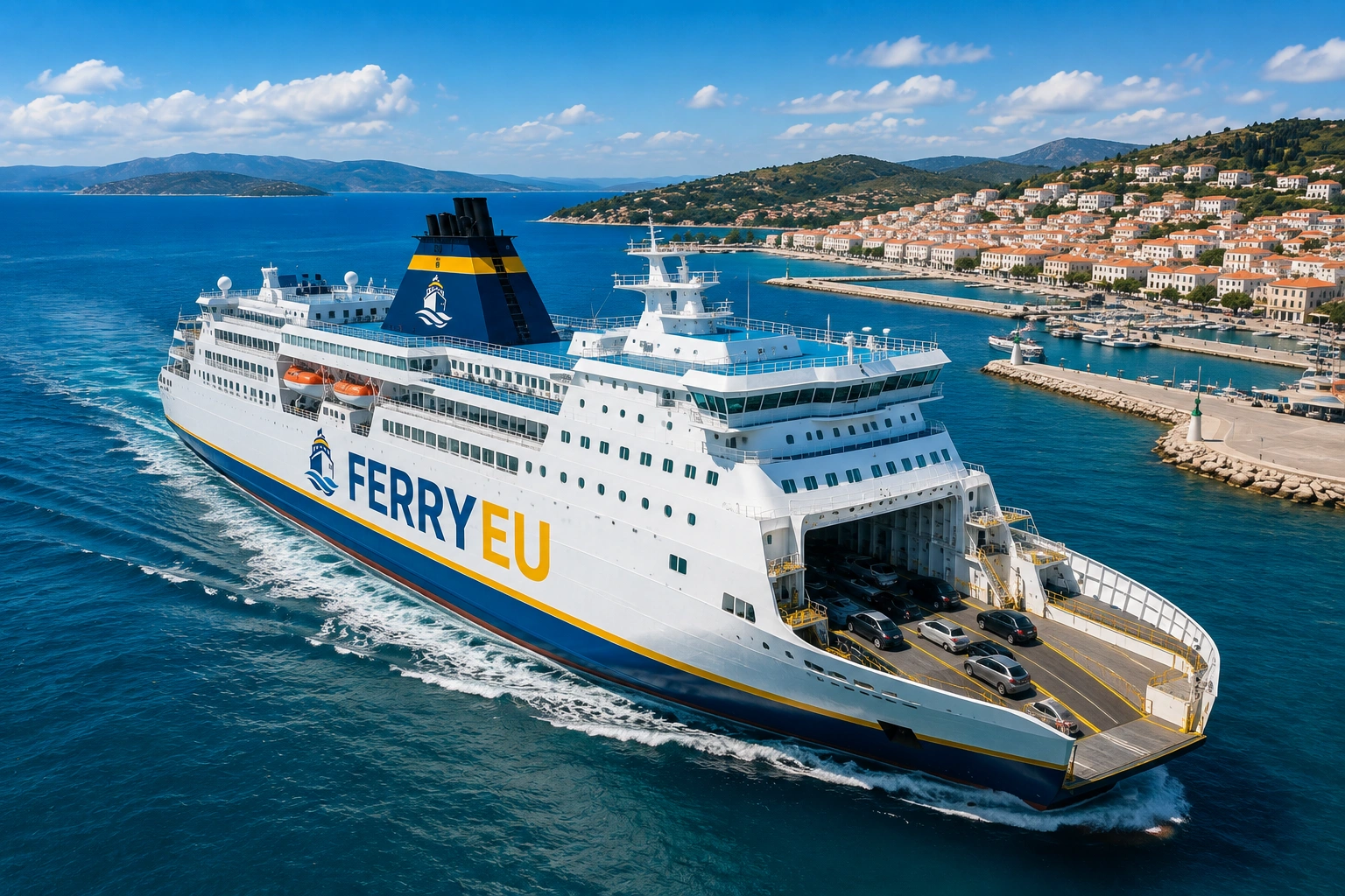 Passenger ferry sailing beside a European coastal port