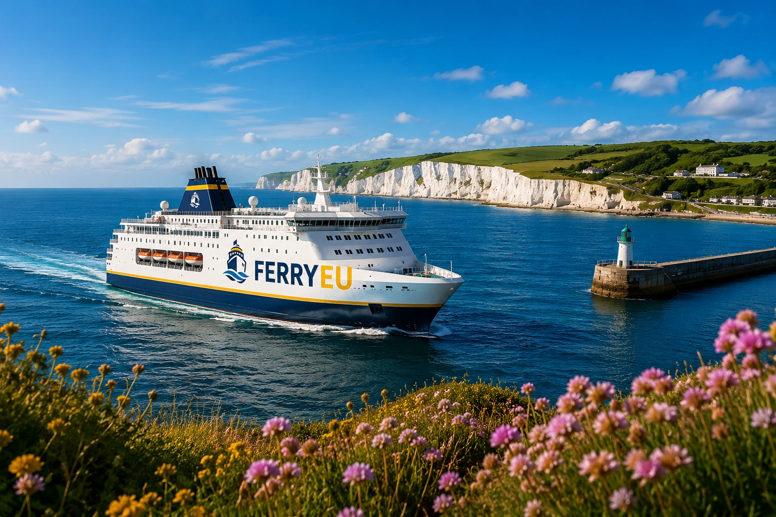 Passenger ferry arriving at a busy European harbour
