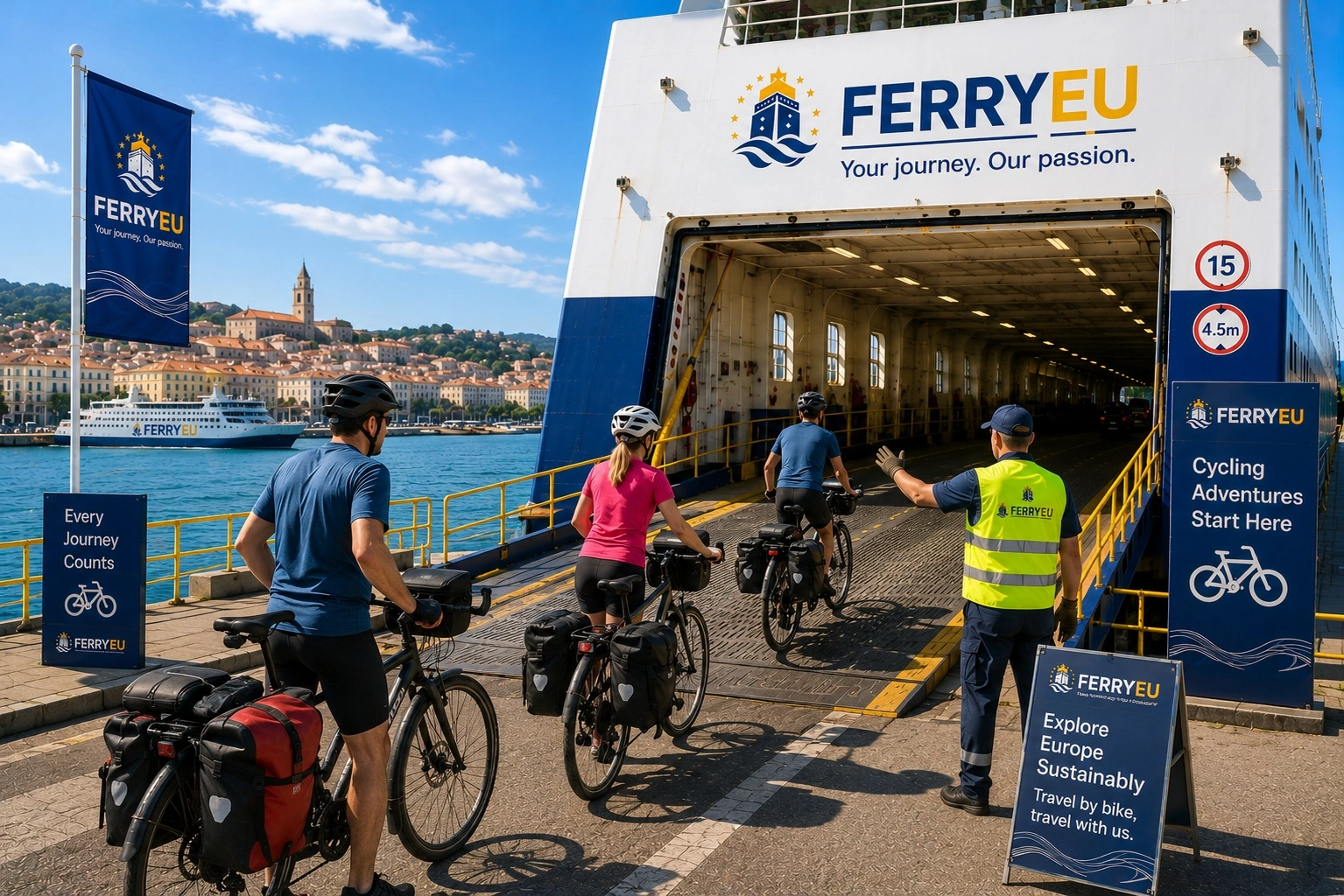 Bicycle traveller preparing for a ferry