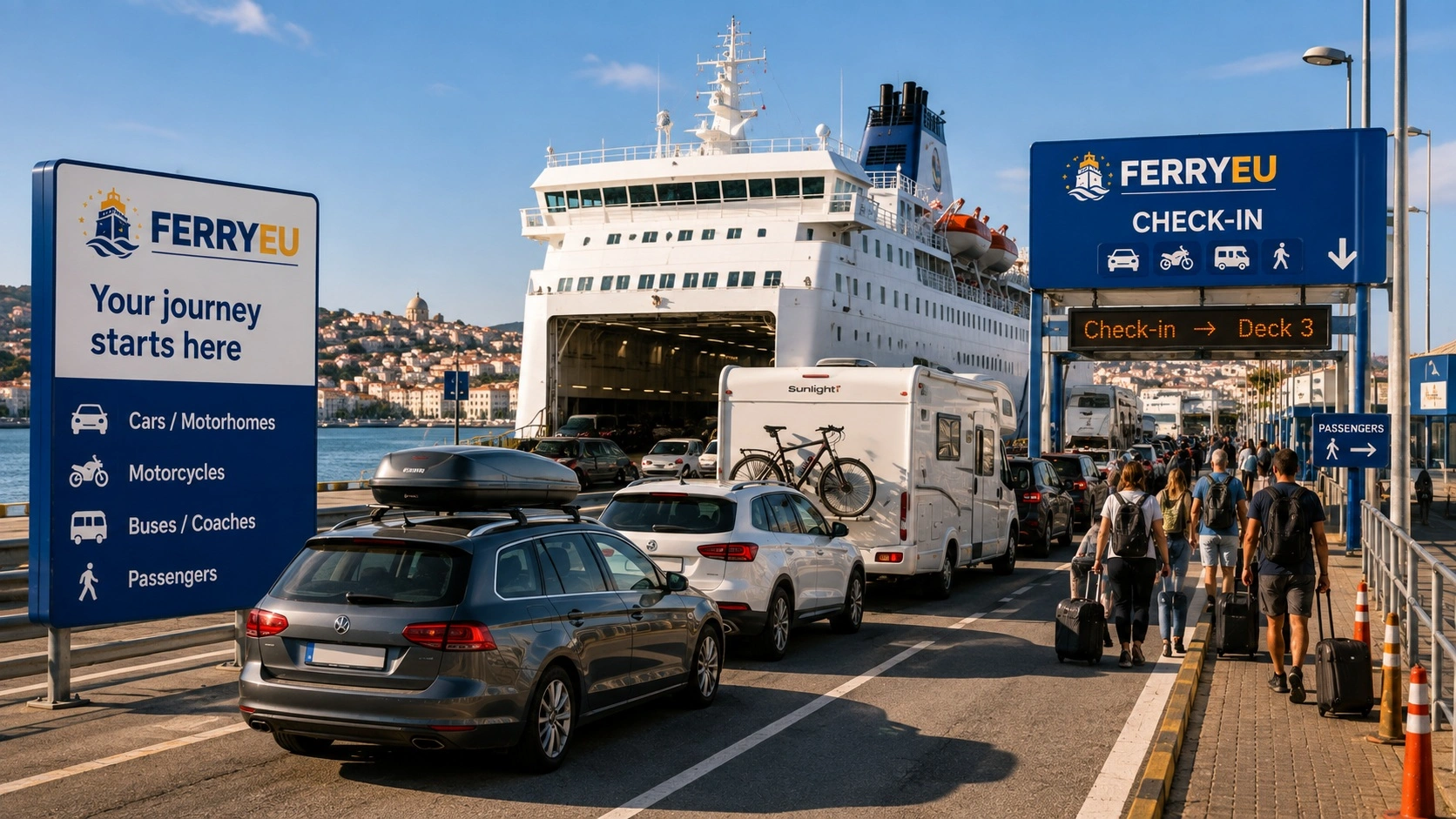 Passengers and vehicles preparing to board a ferry