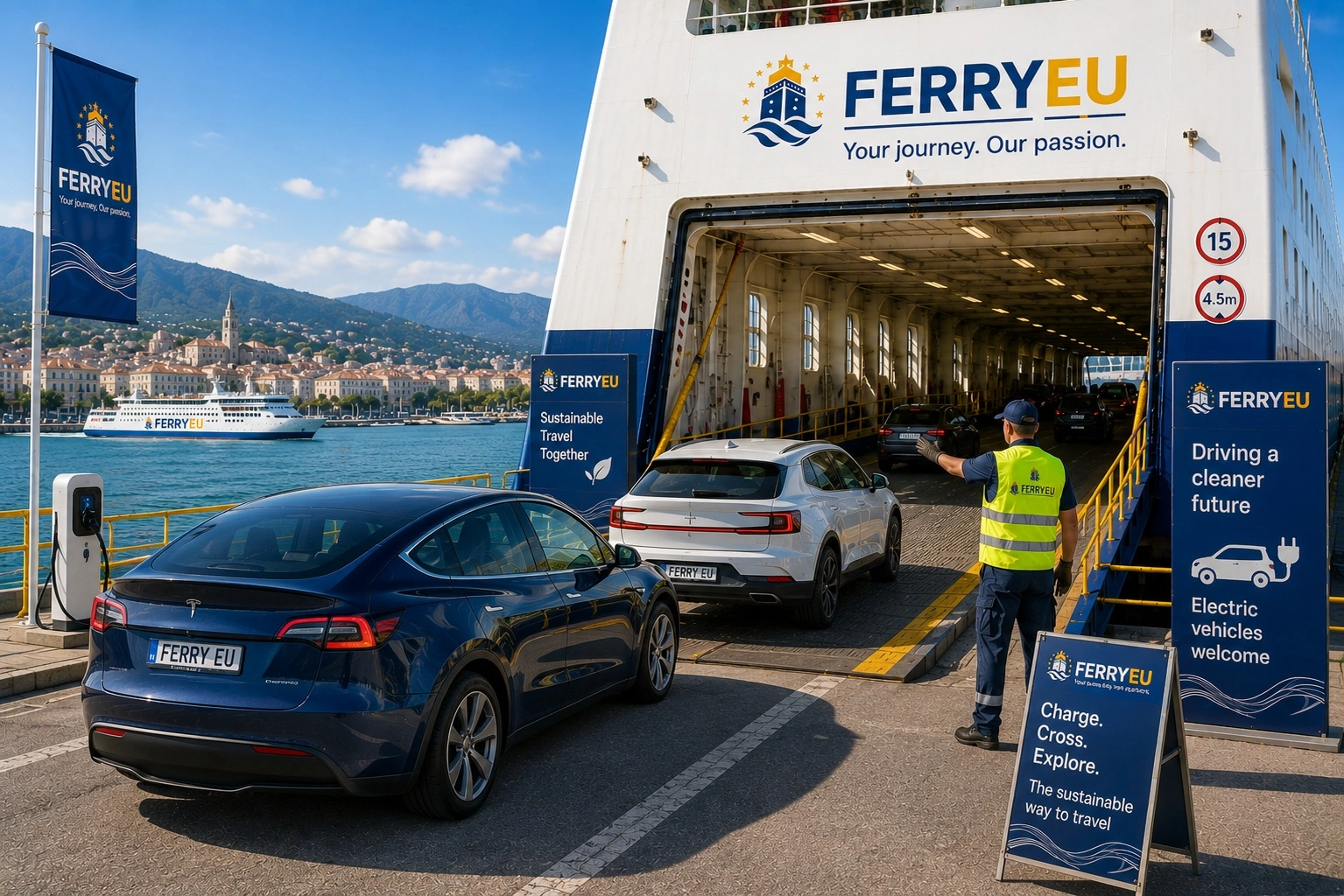 Electric cars boarding a passenger ferry