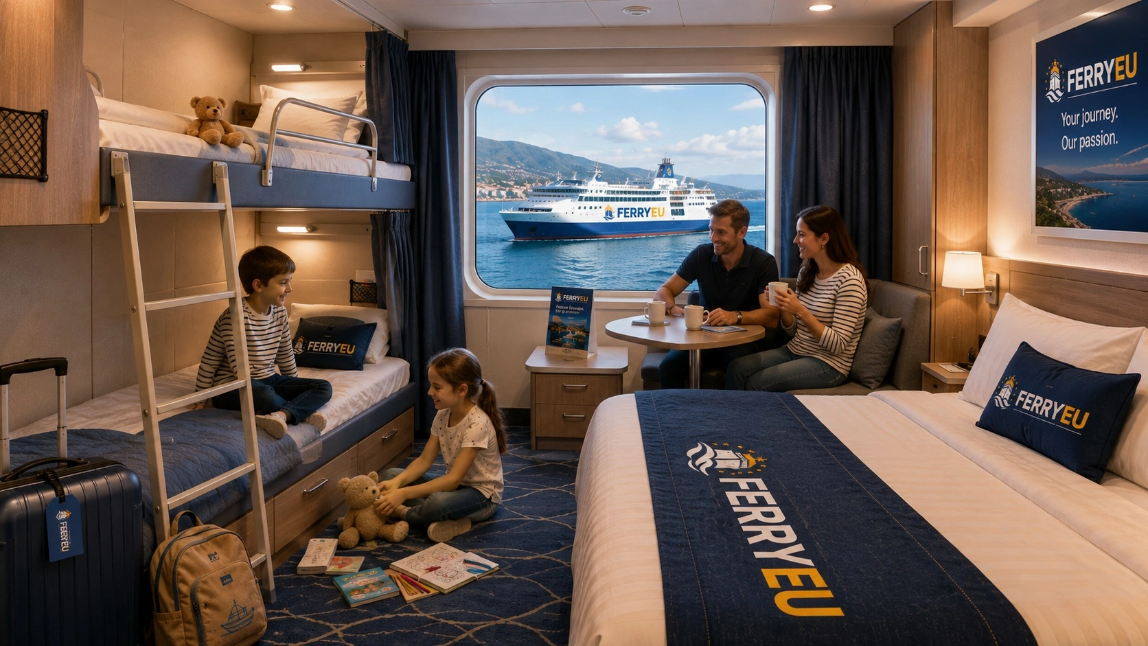 Family cabin with several berths on a ferry