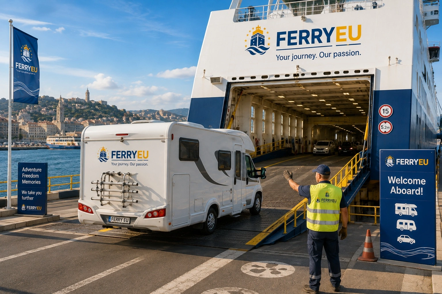 Motorhome boarding a passenger ferry