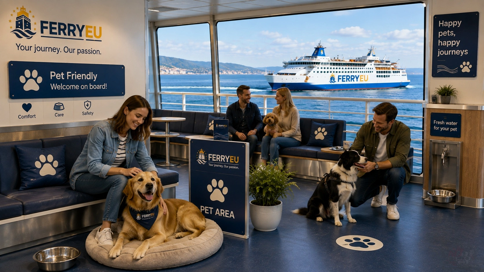 Passengers waiting with dogs in a pet-friendly ferry area