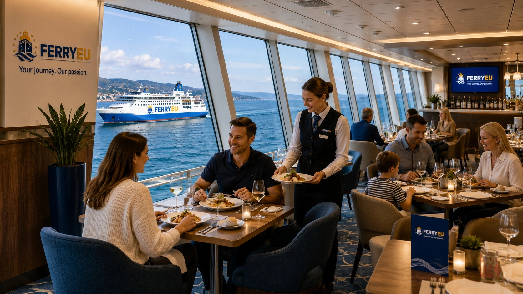 Ferry restaurant with windows overlooking the sea