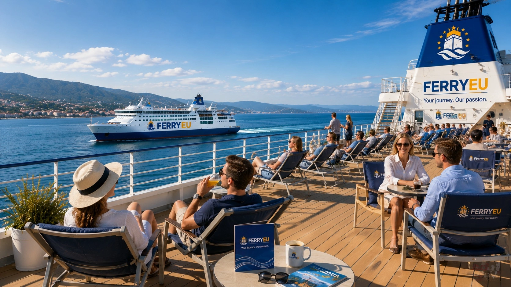 Passengers relaxing on the outdoor sun deck of a ferry