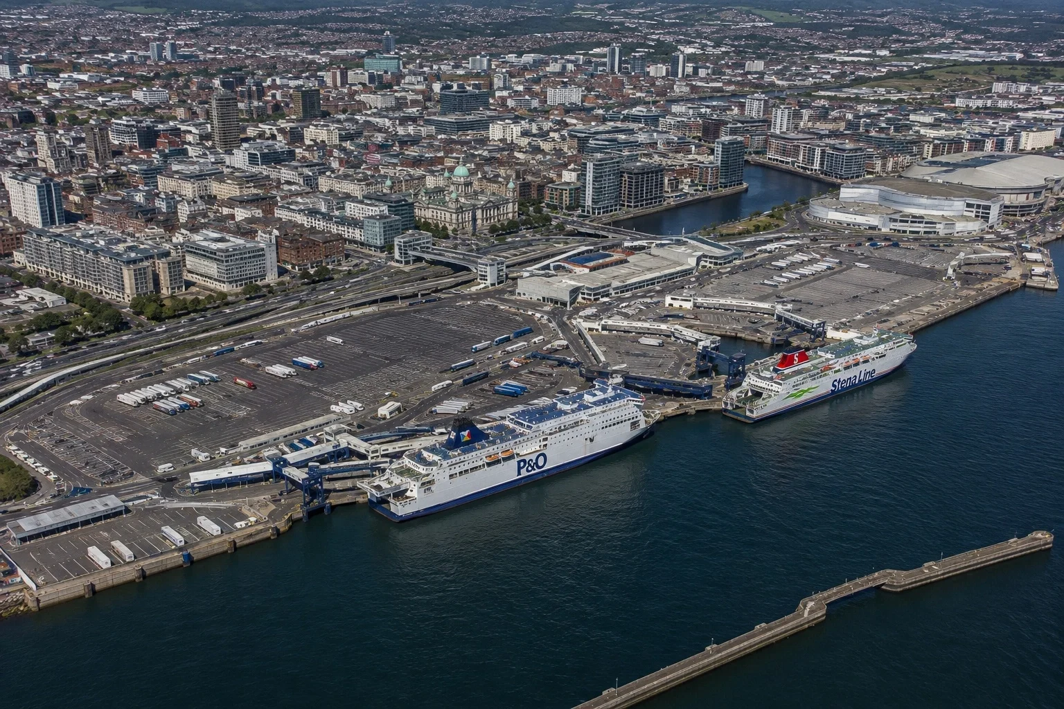Aerial view of Belfast ferry port and harbour