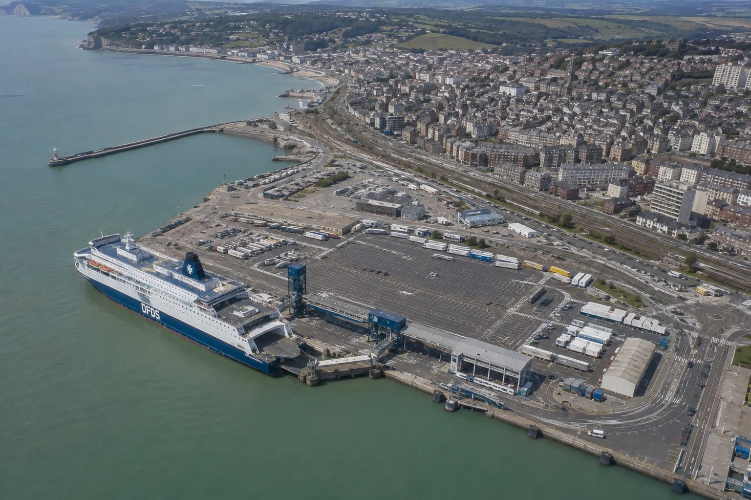 Aerial view of Dieppe ferry port with a DFDS ferry at the terminal