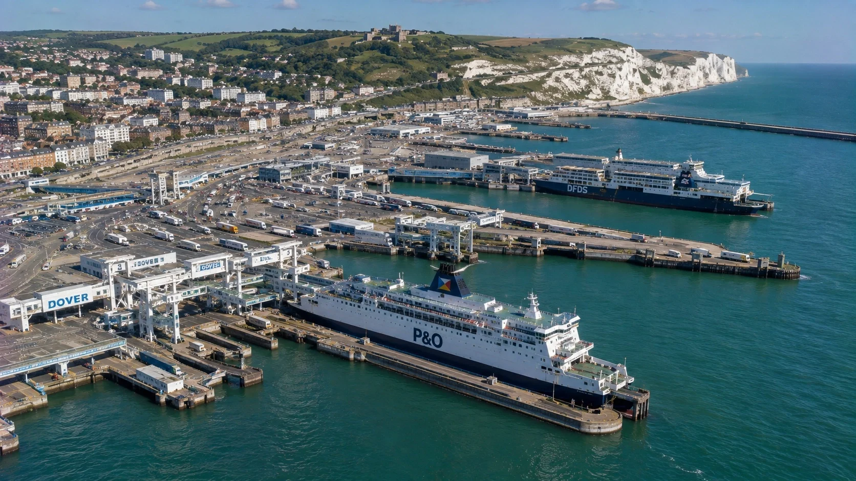 Aerial view of Dover ferry port, ferries and the White Cliffs of Dover