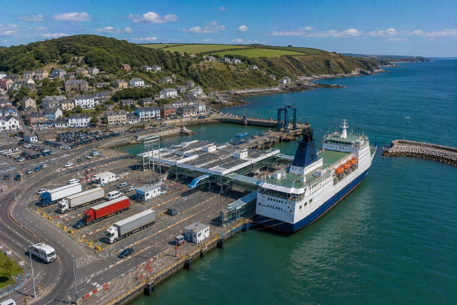 Aerial view of Fishguard ferry harbour at Goodwick in Pembrokeshire