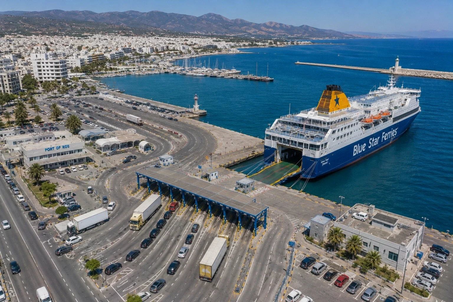 Aerial view of Kos ferry port and harbour