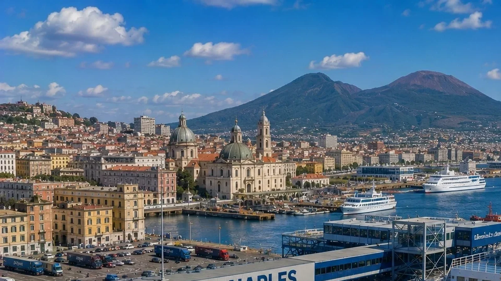 Naples ferry terminal with Mount Vesuvius and city waterfront