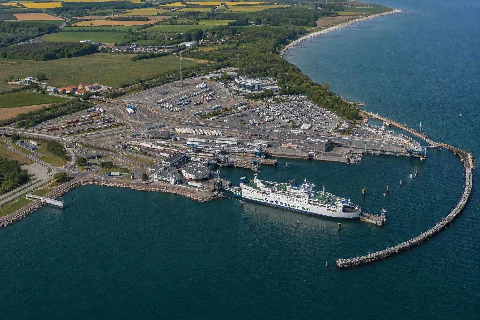 Aerial view of Puttgarden ferry port with Scandlines hybrid ferry