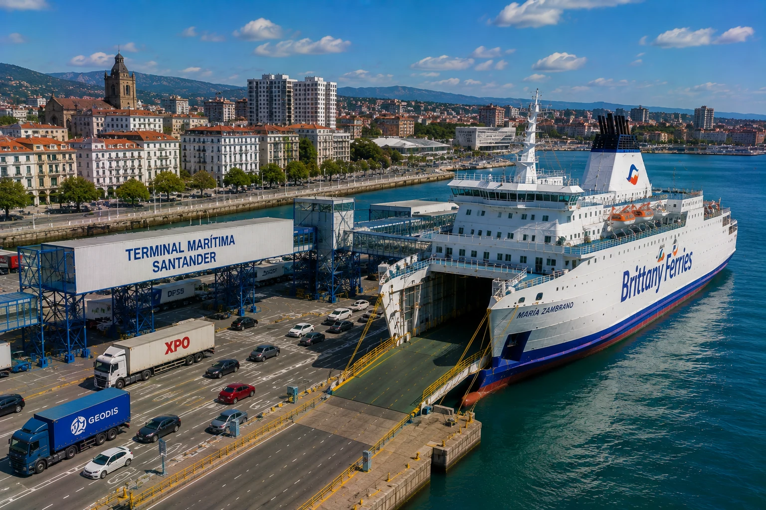 Aerial view of Santander ferry port and city waterfront in northern Spain