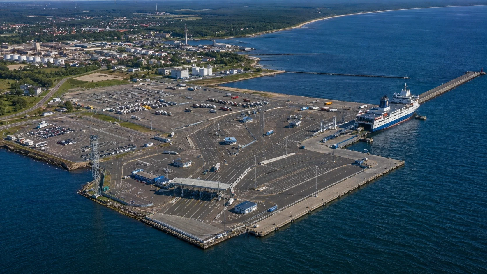 Aerial view of Ventspils ferry terminal on Latvia’s Baltic coast