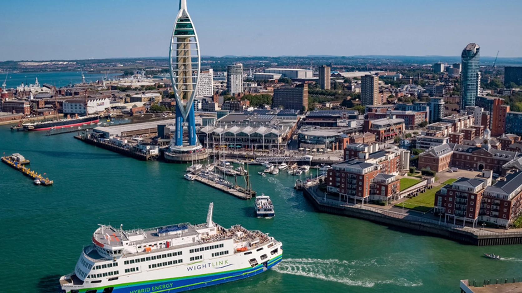 Wightlink ferry departing Portsmouth with the city waterfront behind